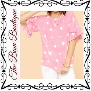 Pink & White Star Ruffle-Sleeve Top